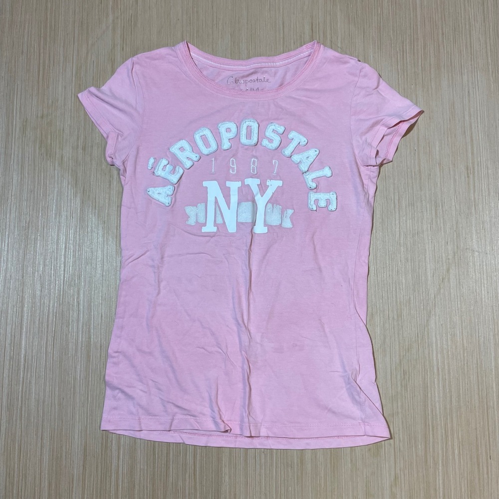 Aeropostale Graphic Tee Womens Pink Chenille Logo NY 1987 Short Sleeve Shirt M
